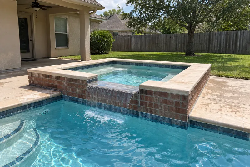 Brick-faced spa added at the corner of a pool, water spilling over