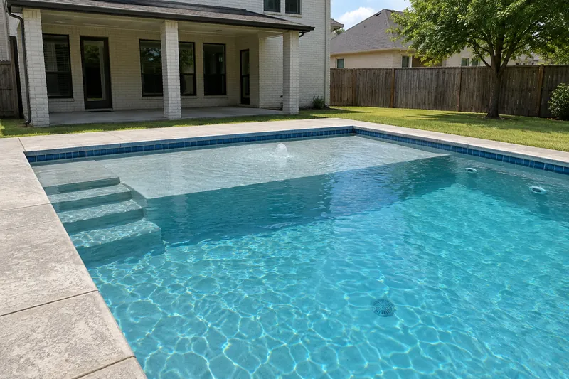 Bubbler rising through shallow water on a pool's tanning ledge