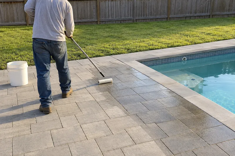Clear sealer being rolled onto a paver pool deck