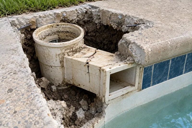 Old cracked skimmer exposed in a cut-open section of pool deck