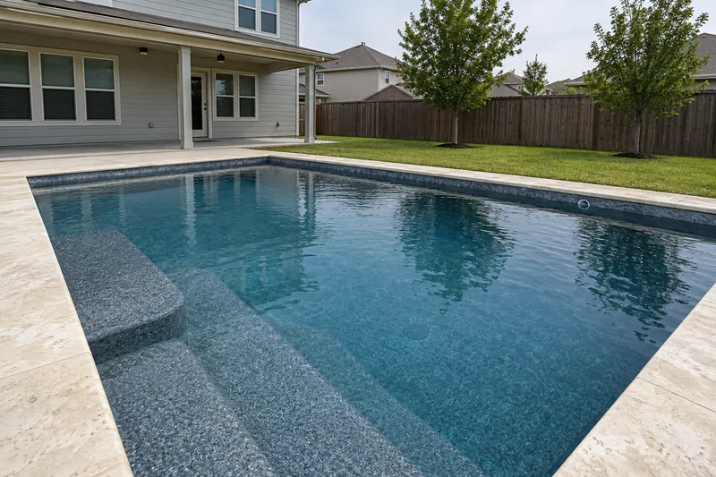 Dark blue-gray pebble finish giving a backyard pool lagoon-blue water