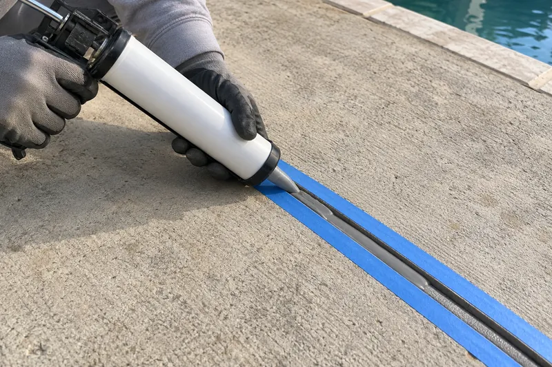 Sealant poured into a pool deck joint over foam backer rod