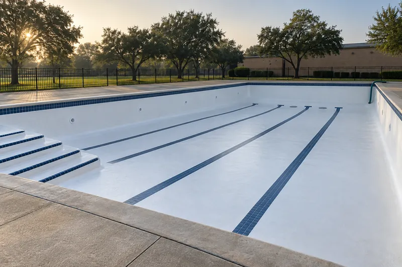 Large drained community lap pool with a fresh white finish and lane lines