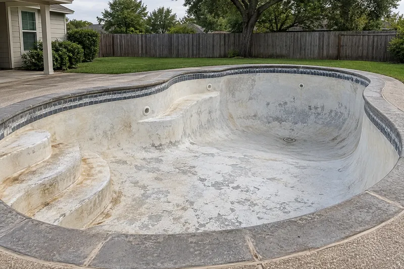 Etched and stained old plaster in an empty backyard pool