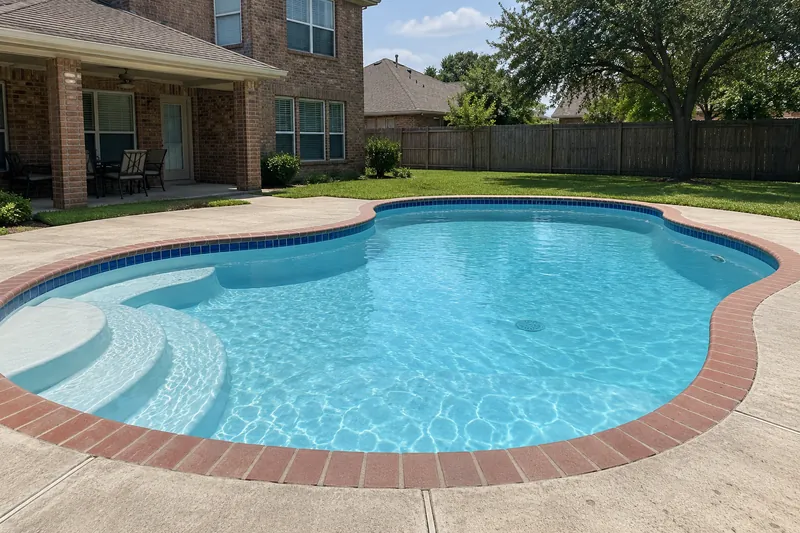 Freeform pool with brick coping, new white plaster and bright water