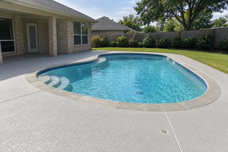 Freshly coated gray pool deck with a knockdown texture and sealed joints