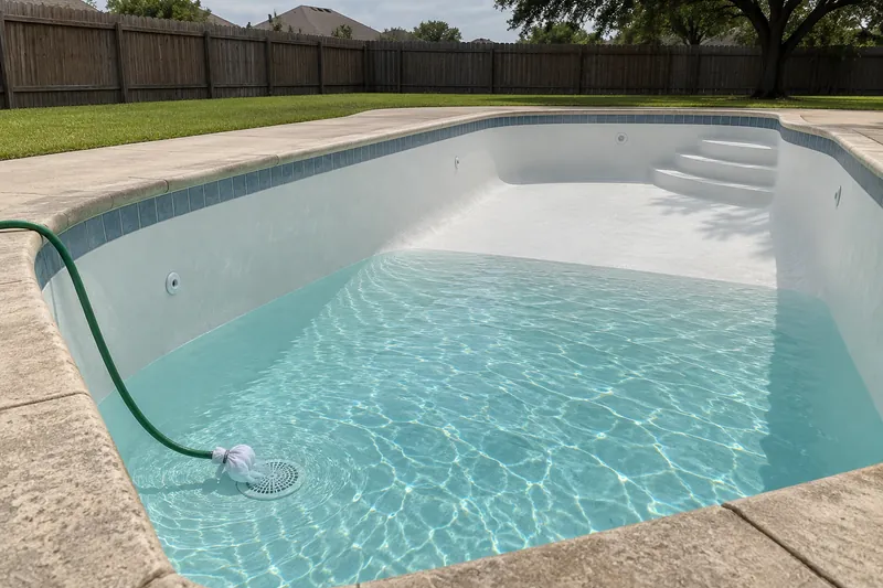 Garden hose with a cloth over its end filling a newly plastered pool
