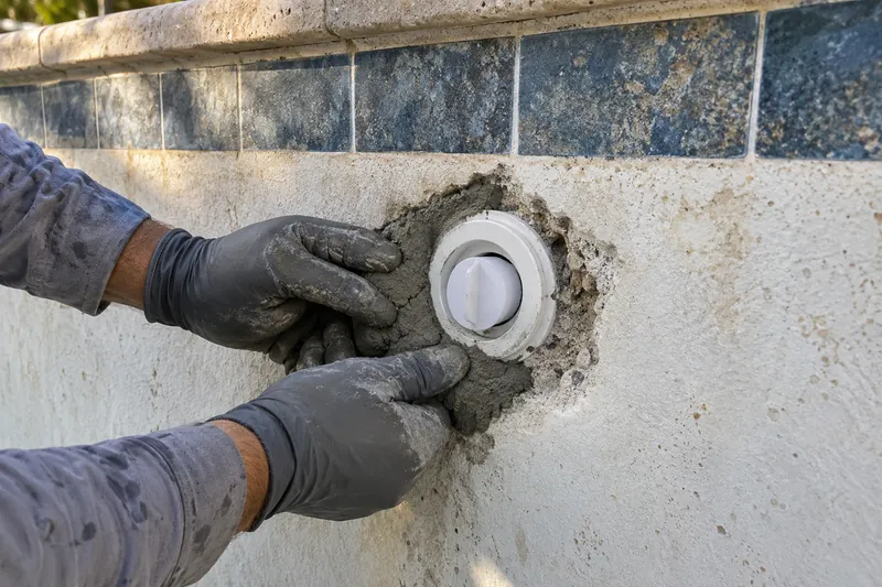 Hydraulic cement pressed into a leak around a pool fitting