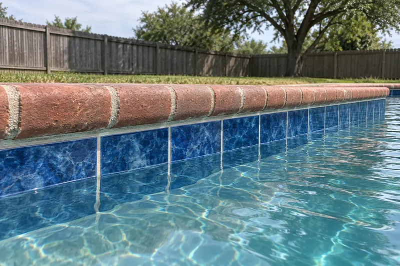 New blue waterline tile band under brick coping on a full pool