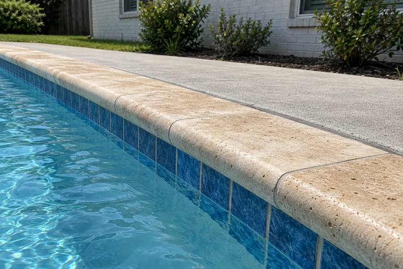 New travertine bullnose coping along a full pool