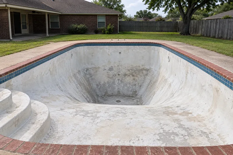Deep hopper of an old diving pool drained for a conversion