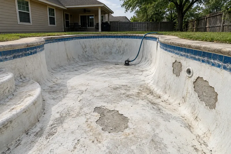 Patches of old white plaster broken off to gray gunite in an empty pool