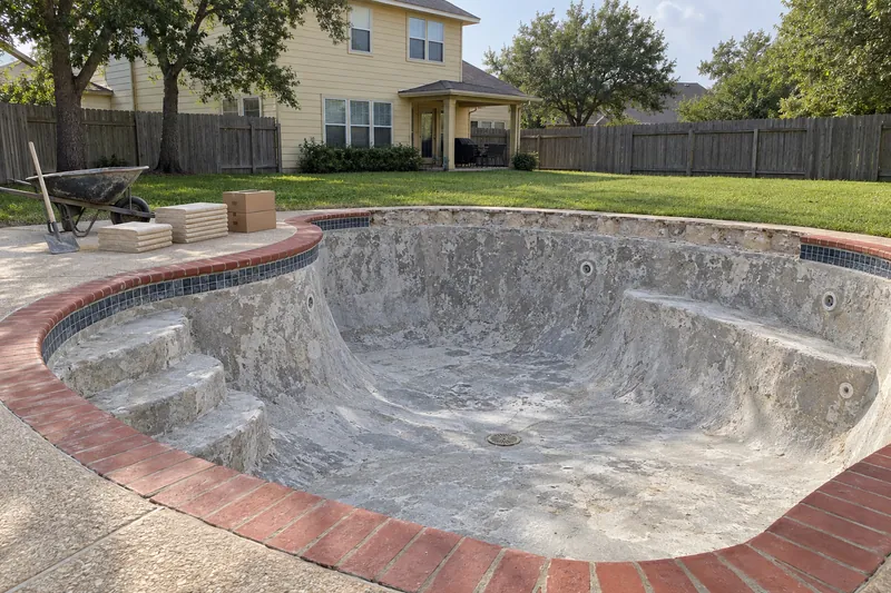 Drained older pool chipped to gunite, new coping stacked on the deck