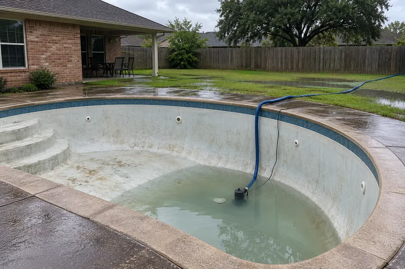 Partly drained pool with a pump on a flat, rain-soaked lot