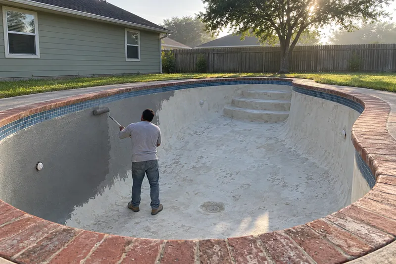 Long-nap roller spreading a gray bonding coat over old pool plaster