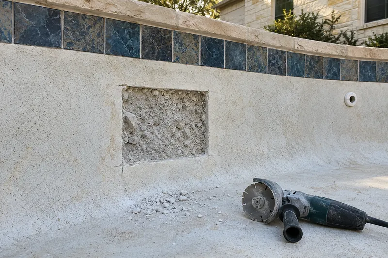 Saw-cut patch area chipped out of a pool wall for a plaster repair