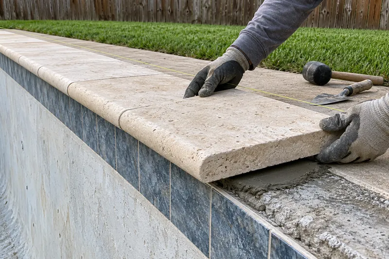 Travertine coping stone lowered onto a mortar bed along a string line