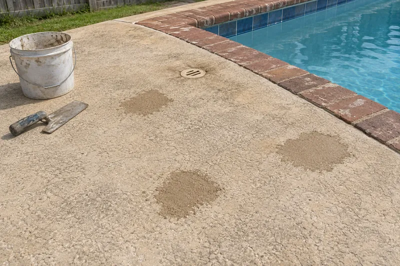 Small fresh patches on a faded cool deck beside a pool