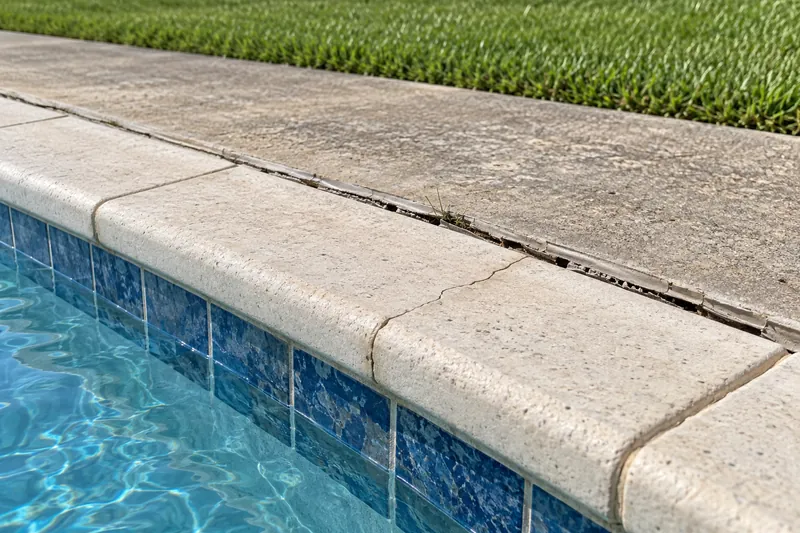 Split, pulled-away sealant between pool coping and the concrete deck
