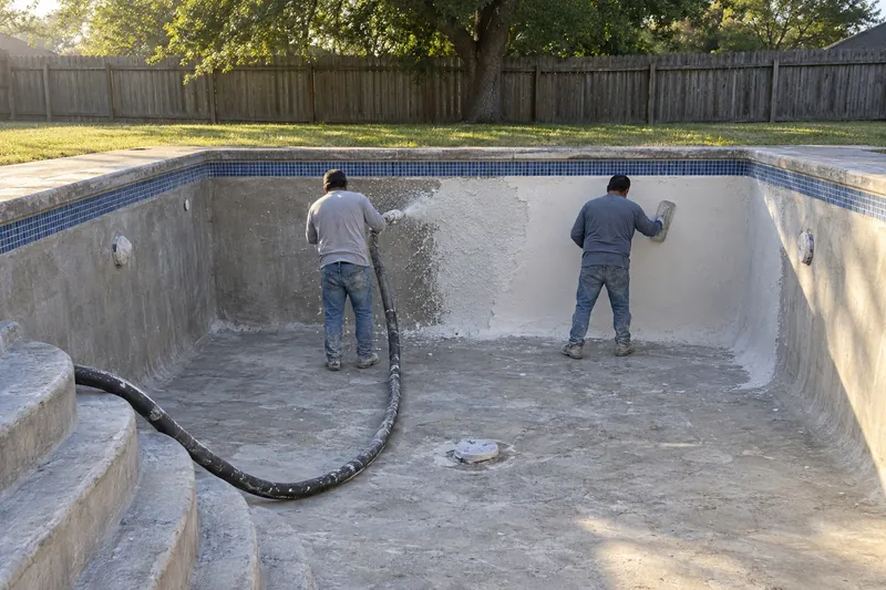 Finishers spraying and troweling white plaster onto a bare pool wall
